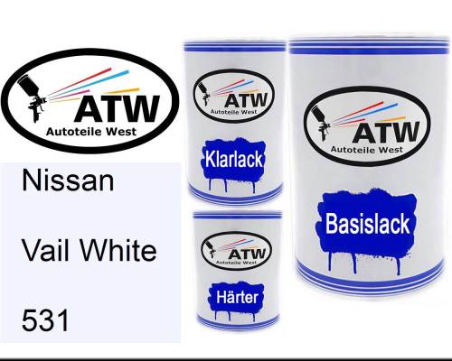 Nissan, Vail White, 531: 500ml Lackdose + 500ml Klarlack + 250ml Härter - Set, von ATW Autoteile West.